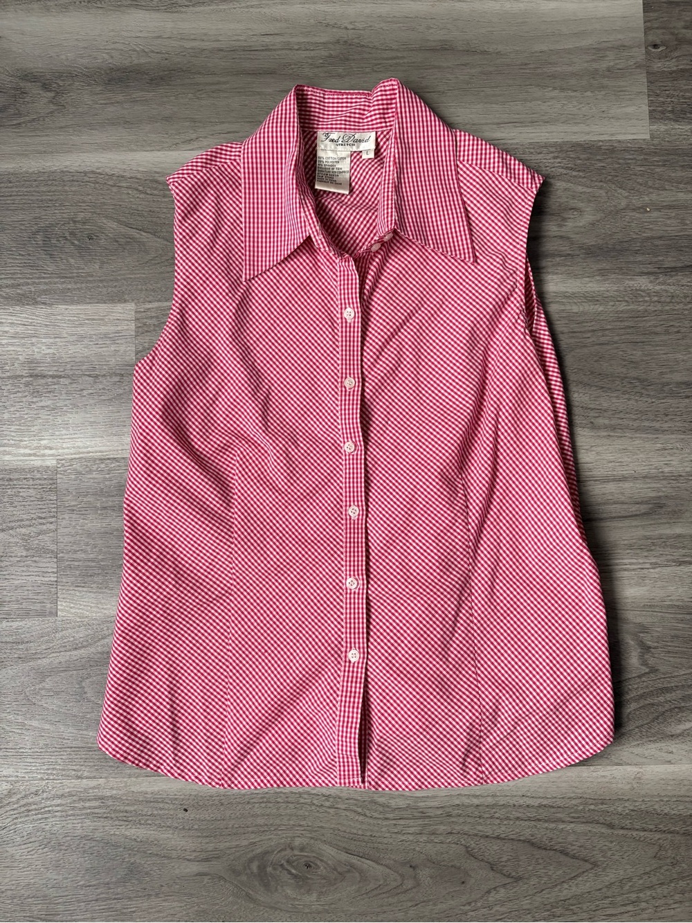 Fred David Stretch Sleeveless Pink Gingham Button Front Blouse | Size Large